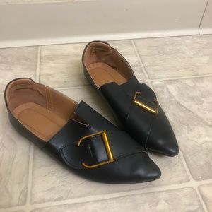 Black Pointed Toe Loafers with Gold Buckle